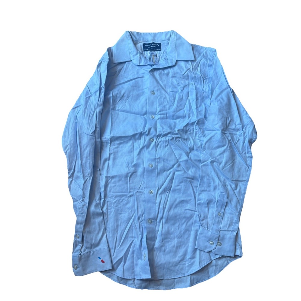 American Airlines Lands End Blue Herringbone Button Shirt Slim Fit 15.5x35 Tall
